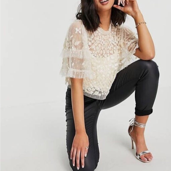 NEEDLE & THREAD Aurelia Sequin Embellished Top Natural Cream Ruffle Sheer Blouse - Picture 3 of 15